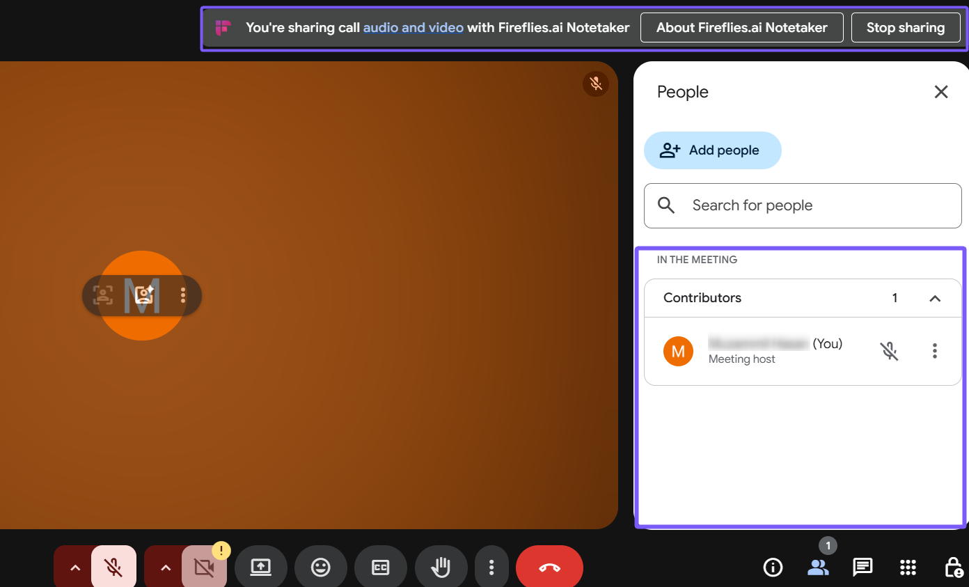 The consent banner Fireflies shows when recording through its Google Meet SDK integration instead of sending a visible bot