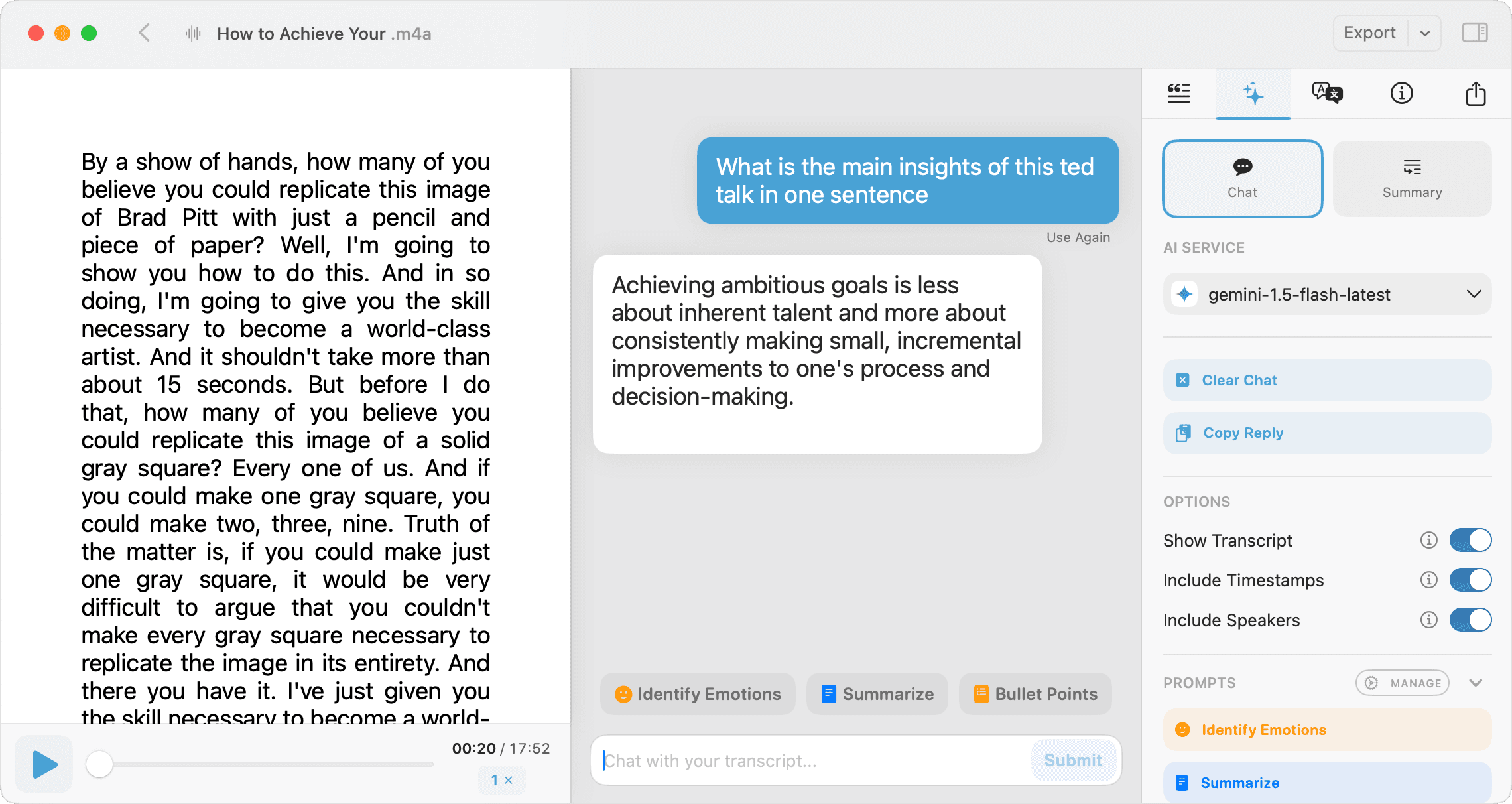 MacWhisper transcript with the AI chat panel and model selector